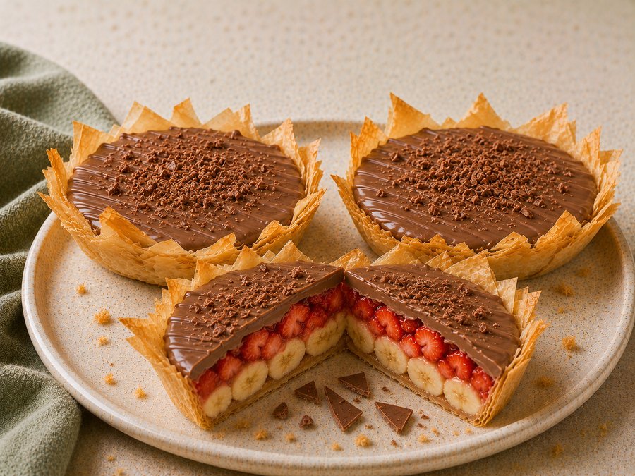 Корзинка фило с бананом, клубникой и молочным шоколадом